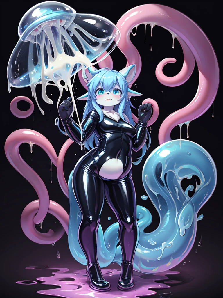 (Anthro furry girl), (blue tiger shark girl), in a shower, shower on, nude, (wet), Yuri, purple colored skin, deep blue colored skin, pink colored hair, blue colored hair, purple colored hair, smug look, shark ears, aquatic ears, shark face, shark tail, blue colored shark nose, long blue hair, big breasts, futa, futanari, futa, (gigantic hard long blue colored penis), blue colored nipples, tiger stripes, (super glossy skin), clear latex skin, standing, holding a cell phone pointed at the camera, posing sexually