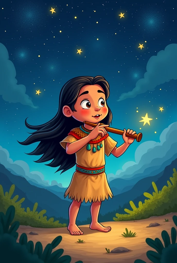 make a cartoon indigenous boy playing a flute at night