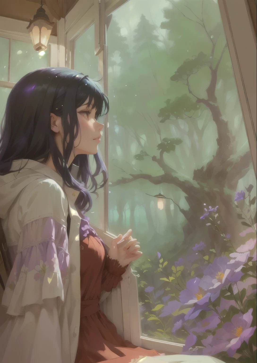 there is a woman in side that is looking up-out a window at a tree, blurred and dreamy illustration, blurry and dreamy illustration, low detailed. digital painting, soft digital painting, soft anime illustration, at a forest. digital art, dreamy illustration, dreamy psychedelic anime, loish art style, colored sketch anime manga panel, an expressive digital painting, color-key painting, purple flowers, hand on the cracked window, an old lamp on top left, fantasy, cracked window, cracked glass, black hair, red dress