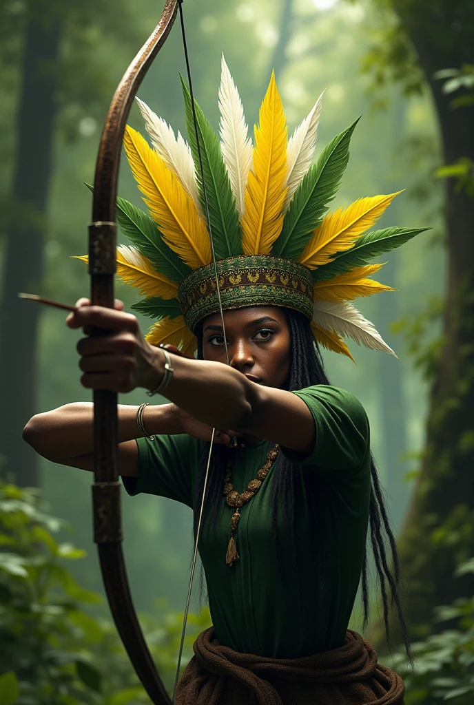 Orisha Oxossi shooting an arrow with yellow, green and white feathers on his head, without showing the face and details of the green clothing with the green tab around the neck 
