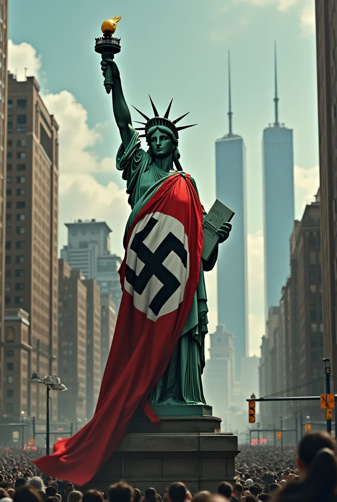 Make me the Nazi flag hanging from the Statue of Liberty, mientras se ve de fondo el nueva york de los años 80's con el world trade center de fondo (Twin Towers), as realistic and detailed as possible