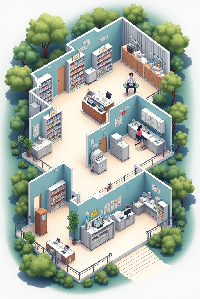Layout of a compounding pharmacy with products on the sample shelf, the customer service room and two rooms in the back representing the administrative and production sectors