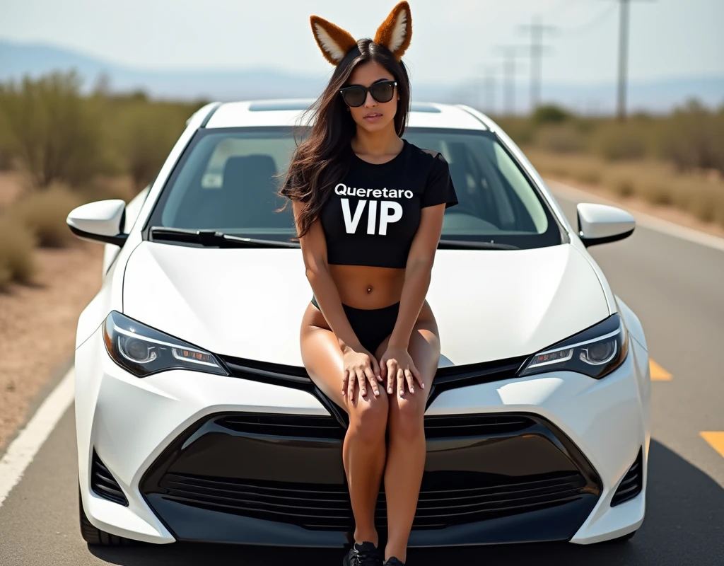 Latin woman, 18 years, huge breasts, athletic body, Athletic legs, black lingerie, fox ears, Black t-shirt cut to the navel with the legend: Queretaro VIP", Sunglasses, black Adidas tennis shoes, sitting on the hood of a white 2016 Toyota Corolla, on a deserted road