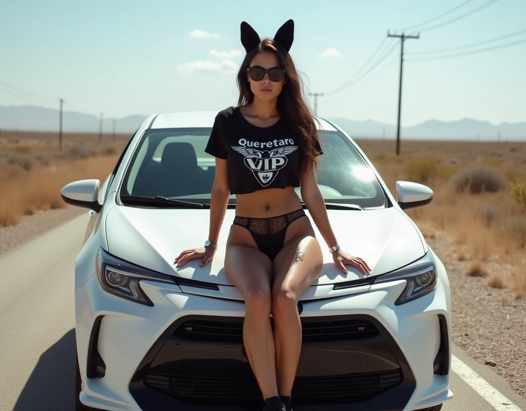 Latin woman, 18 years, huge breasts, athletic legs, black bikini, tennis Nike, fox ears, sitting on the hood of a white 2016 Toyota Corolla car, in the middle of a deserted road