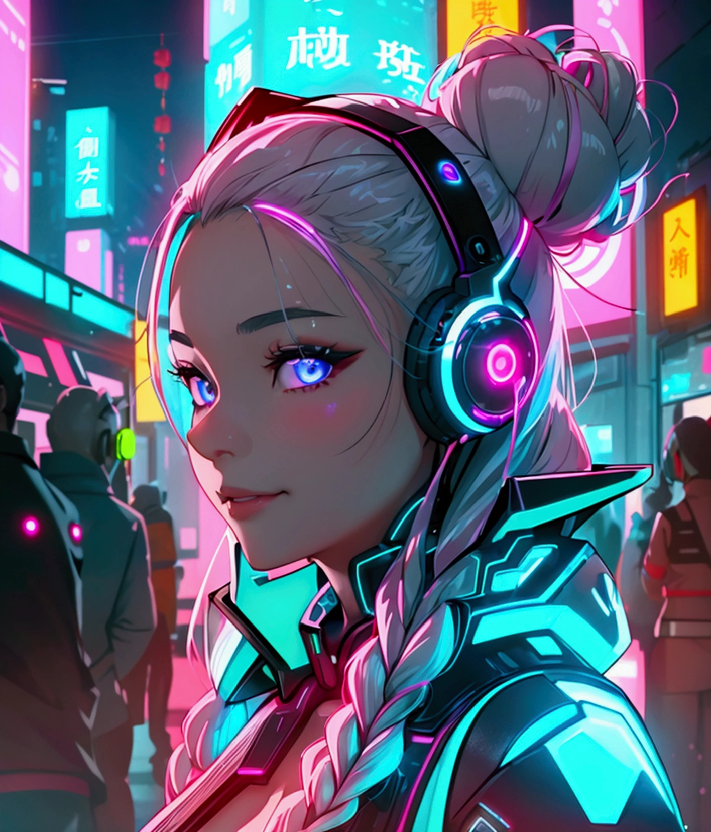 1 woman, Chinese_clothes, Cyber Han,How many guards?,bare,Big breasts, nipples,See the smooth vagina,cyberpunk city, dynamic gesture, Glowing headphones, glowing hair accessories, long hair, glow earrings, Fluorescent necklace, cyberpunk, เมืองที่มีtechnologyสูง, full of mechanical and of the future elements, of the future, technology, glowing neon, pink, Light blue, Clear tool, Transparent beam, laser, City Sky Digital Background, Big Moon, with vehicles, best quality, Masterpiece, 8ก, Edge of character light, Extremely high detail, High quality, The most beautiful woman in humanity, smile a little, The face faces left and right symmetrically., Ear decoration, Beautiful iris light effect, Image data, I have silver-white hair, Hair is not messy, long hair,Two high bun braids hairstyle, Luminous electronic clock, deep eyes, be happy, English Doodle Writing
