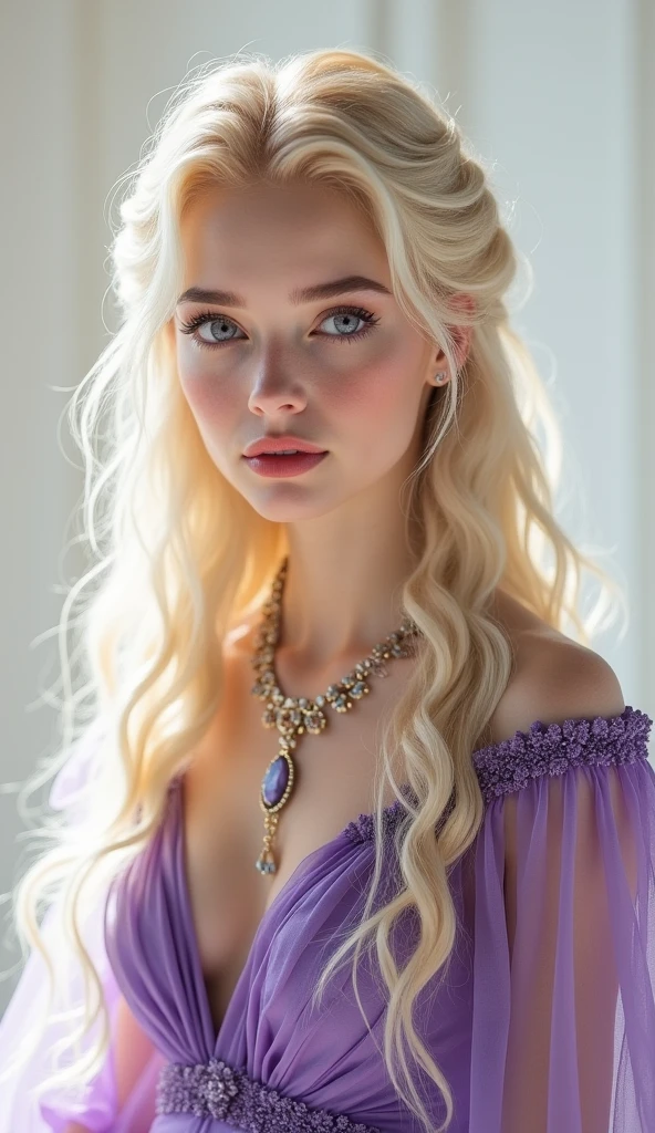 1 girl, full body shot (1.3),close up face shot (1.3), face shot, corridor,Soft Light, Targaryen Beauty,dress,Light-haired,long hair,
white background, gorgeous Targaryen girl, with thick and long wavy the palest of golden glossy hair, big and large wide deep plum purple bright eyes, long and thick curly golden eyelashes, upturned nose, high nose bridge, fullest and plumpest with a pout at the top rosy red luscious lips, oval face shape, shorter face, shorter chin, tiny face size, pale milky white traslucent perfect skin, whitening skin, hourglass shaped body, tiny and narrow waist, rounded hips, long and slender beautiful legs, big perfect brests (1.4), large breasts, bust size 84 cm, waist 60 cm, hips 86 cm, bra size 32 C, tall at 5’7, full body image, realistic, photorealistic, ultradetailed, skin texture, hyperealismHigh Resolution, Closed Mouth, highly detailed, high resolution 8K, wearing a Targaryen purple dress dress highliting her horglass body, detailed jewlry, 18-years-old