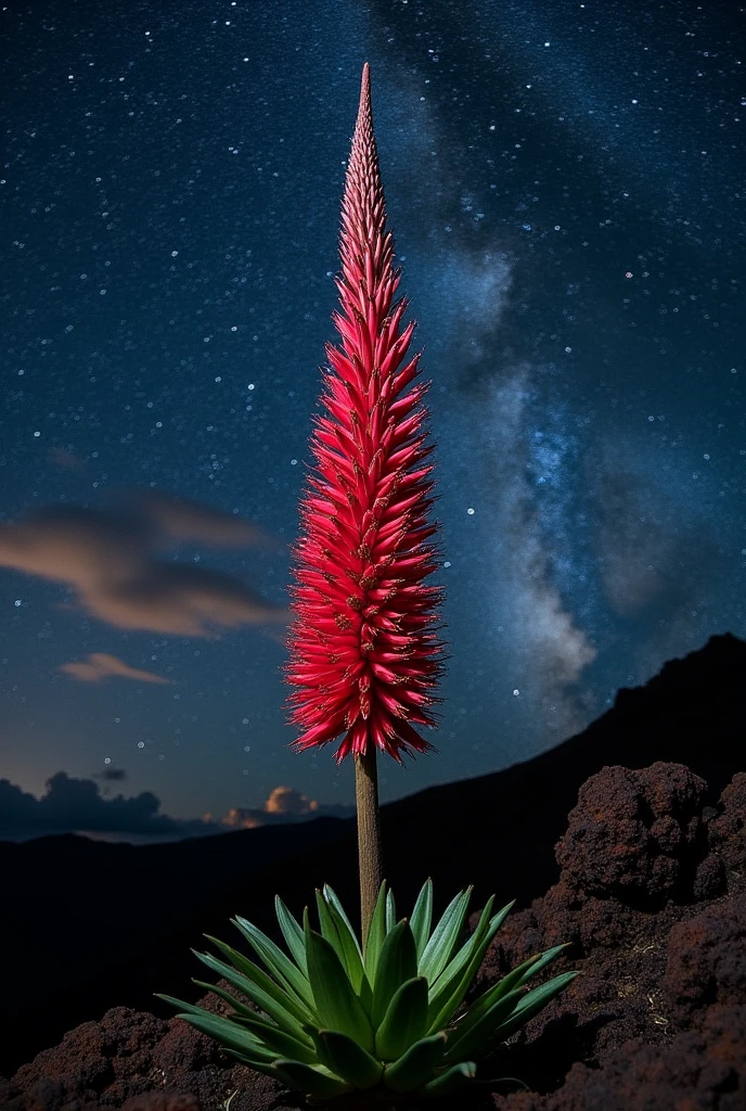 Night photo of a tajinaste from Tenerife, In the photo you can see the Milky Way in the sky