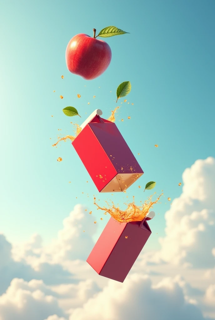 An apple falling from the sky and disintegrating into a juice box
