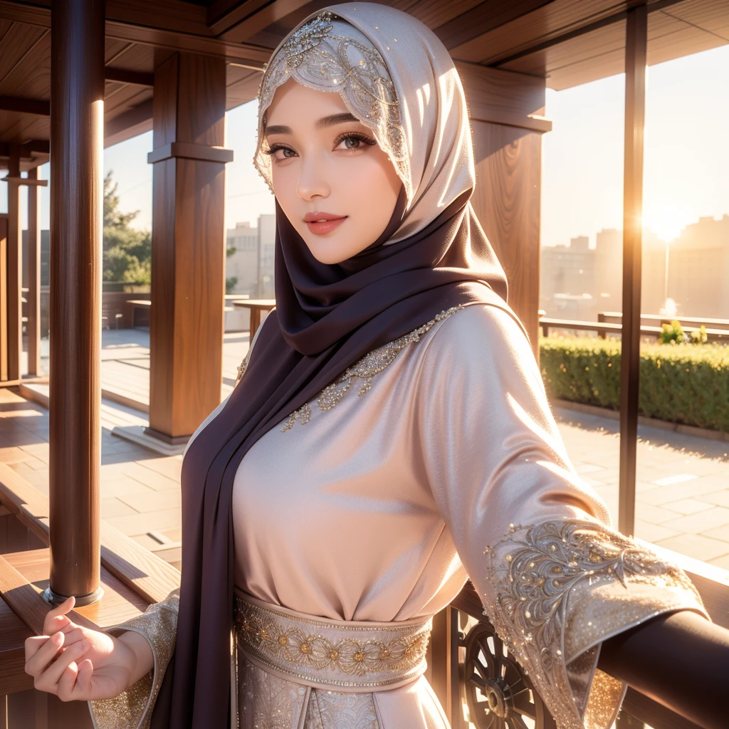 beautiful young woman, 1girl, majestic hijab outfit, detailed face, alluring eyes, full lips, outdoor setting, selfie, soft lighting, warm colors, best quality, 4k, 8k, highres, masterpiece, ultra-detailed, realistic, photorealistic, photo-realistic, cinematic, beautiful detailed eyes, beautiful detailed lips, extremely detailed face and eyes, long eyelashes, intricate clothing textures, elegant posing, warm smile, romantic atmosphere