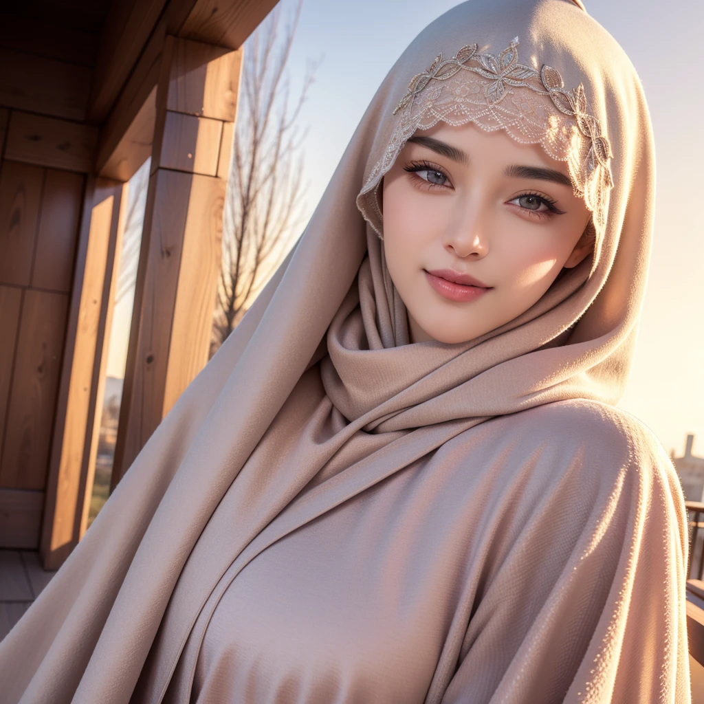 beautiful young woman, 1girl, majestic hijab outfit, detailed face, alluring eyes, full lips, outdoor setting, selfie, soft lighting, warm colors, best quality, 4k, 8k, highres, masterpiece, ultra-detailed, realistic, photorealistic, photo-realistic, cinematic, beautiful detailed eyes, beautiful detailed lips, extremely detailed face and eyes, long eyelashes, intricate clothing textures, elegant posing, warm smile, romantic atmosphere