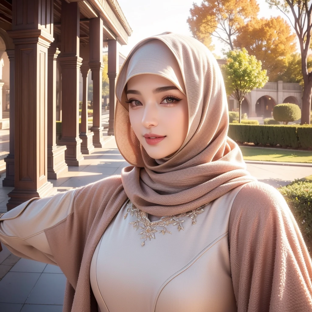 beautiful young woman, 1girl, majestic hijab outfit, detailed face, alluring eyes, full lips, outdoor setting, selfie, soft lighting, warm colors, best quality, 4k, 8k, highres, masterpiece, ultra-detailed, realistic, photorealistic, photo-realistic, cinematic, beautiful detailed eyes, beautiful detailed lips, extremely detailed face and eyes, long eyelashes, intricate clothing textures, elegant posing, warm smile, romantic atmosphere