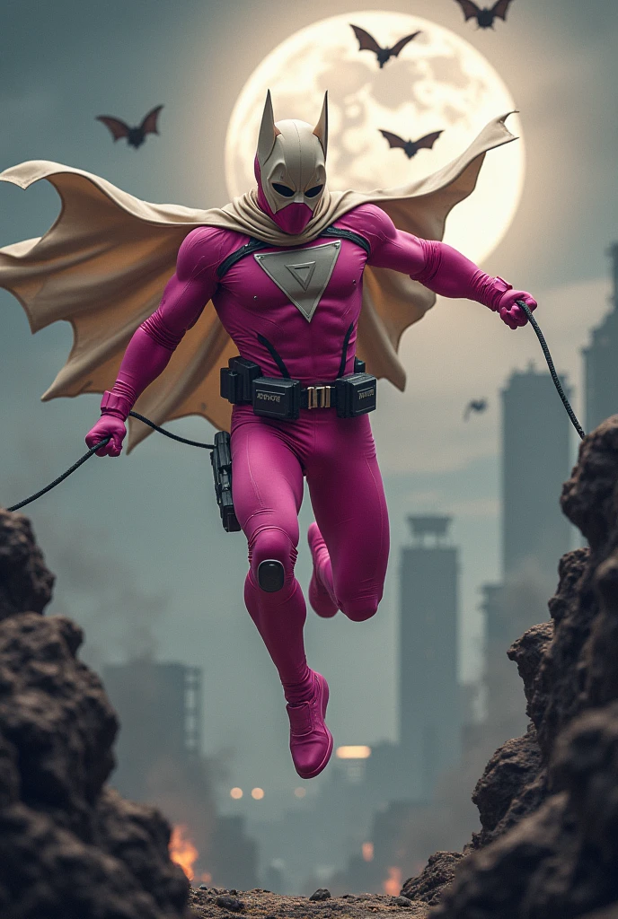 Malaysia man in high-tech suit, vivid effects, malaysian superhero (KELUANG MAN)(( in a striking pink and beige costume cyberpunk design, mask small mini bat ear beige, daredevil beige mask, ))jumpsuit dark pink stands confidently in a dramatic.jumping from high place.hero costume.one hand rise up. Big triangle logo on the chest.high detail Punisher logo on the chest. Fighting pose , stormy landscape. ((Head covered node guard like batman. Running pose , athletic body type, small mini ear bat mask))The character wears domino mask a helmet with pointed mini torn ears and a flowing cape biege, open nose and mouth. Equipped with visible futuristic weapons on a belt,bullet proof jacket pink dark day.show fingers pose, dark night, big supermoon effect . Small logo on chest triangle shape small punisher logo center(( skull triangle Casey Jones mask shape logo)) center on chest pink logo mini logo . rocky. Building top.smoke ground.((jumping from the building Man hangging on the black rope)) , bomb effect background, losse pants, losses costume.adding to --ar 3:4 --style raw --stylize 500 --v 6.1. chaos. Lot of small flying bat. One leg on the high stone. Man. Wear hologram watch.. Real man age 40 year old. One hand holding belt.one hand holding black rope hanging on building. Big pant pink. Beige cape joodie.(( Loose pant)) , jump on high building)marvel , X-Men.