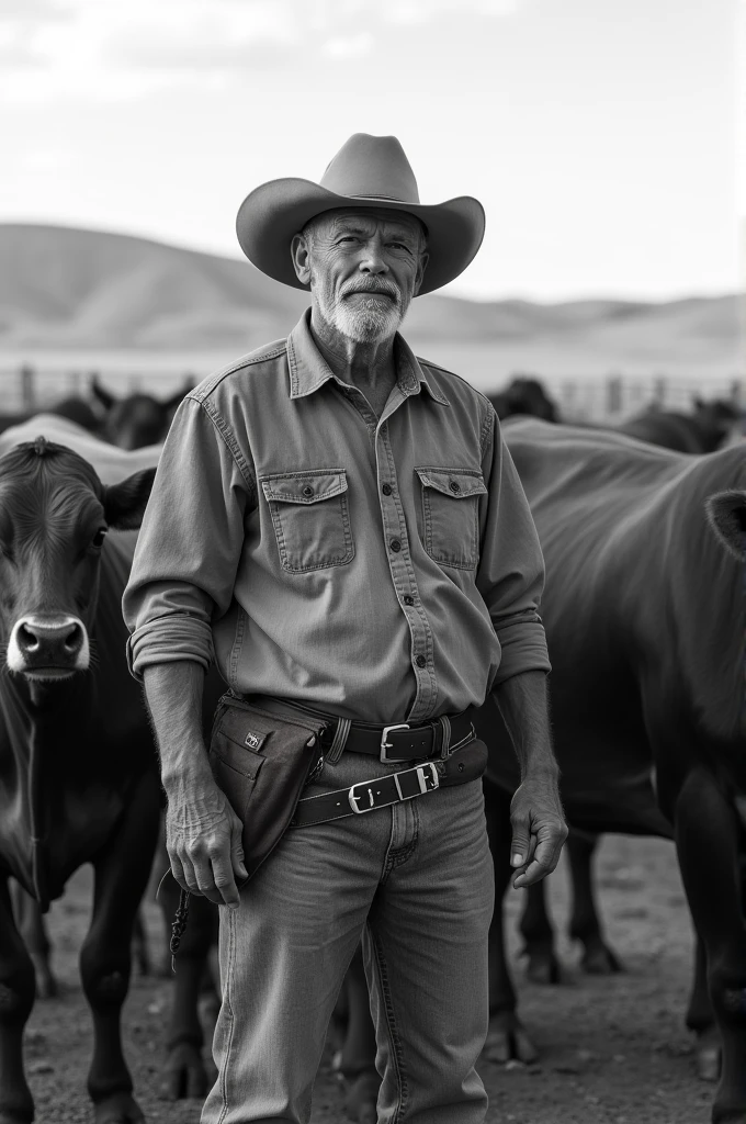 4 man , cattle rancher, from the 50s, photography with his cattle, of shirt and hat