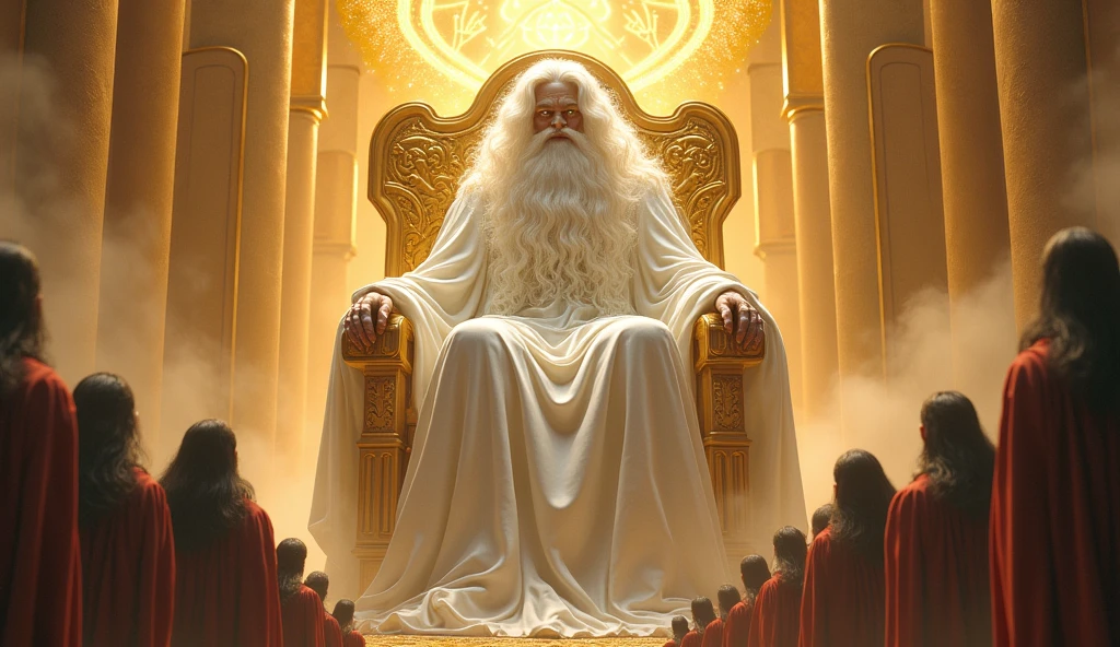 Draw a super gigantic God , white color long hair and beard, curly seated on His Mighty golden white Thrown, light eyes, realistic, 24 elders around Him, 32K UHD, Style raw.