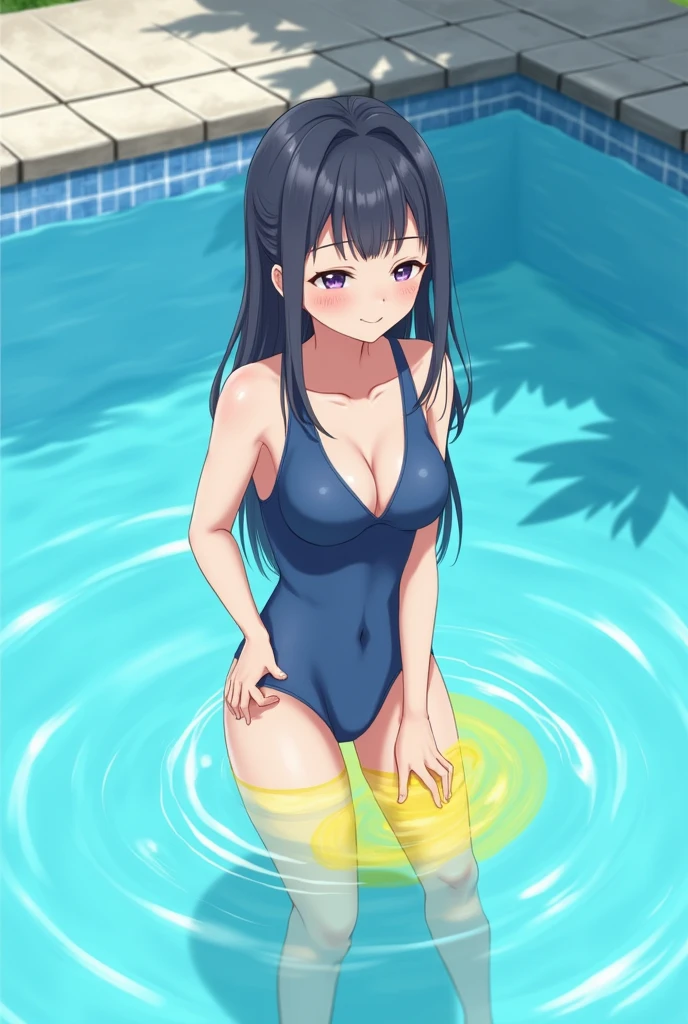 masterpiece,best quality,ultra detailed, nsfw, 1girl, black_hair, school swim suit, Lots of love juice, Pussy, Spread legs