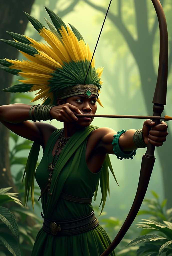 Orisha Oxossi shooting an arrow with yellow, green and white feathers on his head, without showing the face and details of the green clothing with the green tab around the neck