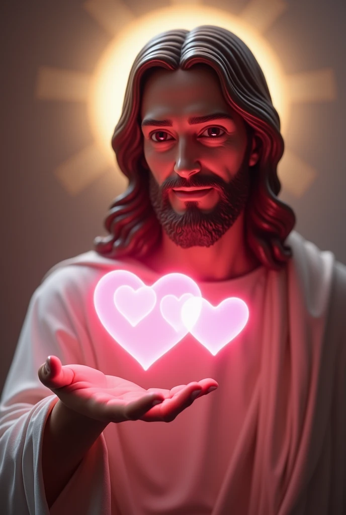 Create a hyper-HD, ultra-hyper-realistic image of Jesus smiling gently. He is pointing with one hand towards a comment text bubble below him, floating against a lighting background. Inside the text bubble are three glowing pink hearts, emitting a soft radiance. The background should have a gentle, ambient lighting effect that enhances the overall warmth and positivity of the scene. Jesus's expression should be peaceful, with the lighting adding a serene and inviting atmosphere."