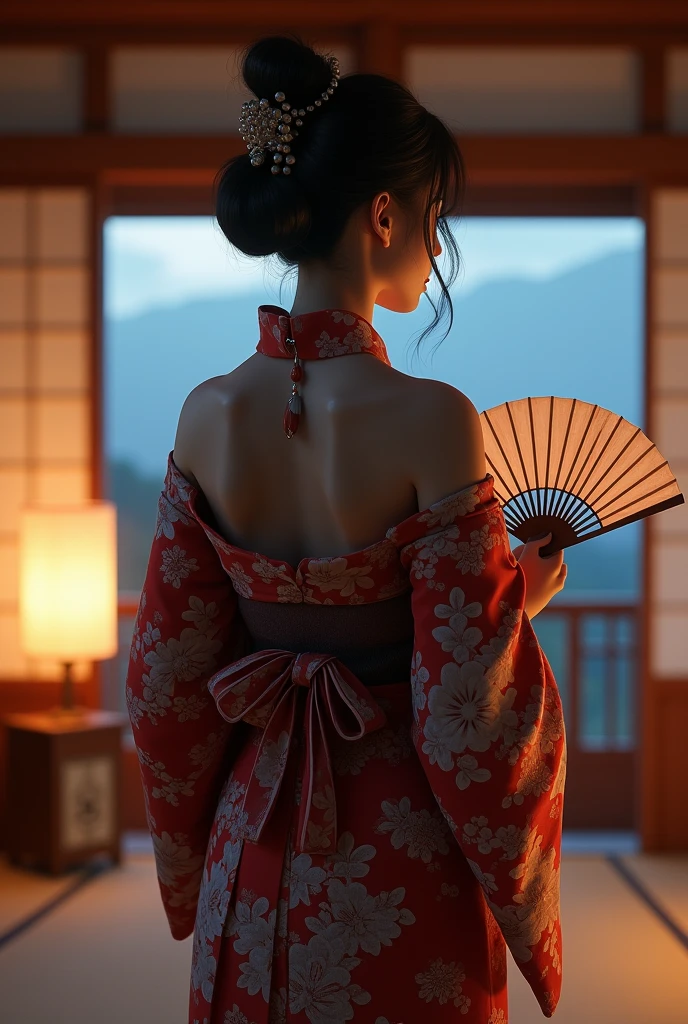 Woman in yukata、Shoulder Bare、Back view、Japanese-style room、I can see the night sky、Fan in right hand、high resolution、live-action