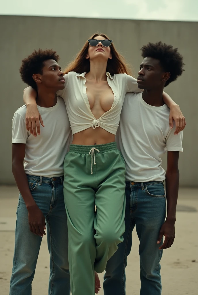 Create a photo of a 30 year old woman, with a slender and beautiful body, wearing a white shirt, braless with bare breasts and wearing green sweatpants, with white and clear skin, with long light brown hair wearing sunglasses, as her body is being carried in the air lying on her side in the arms of two black agers, one is holding the feet and the other is holding the hands, with dark black skins, ugly, thin, small, who are wearing prescription glasses and wearing white shirts and jeans in a square