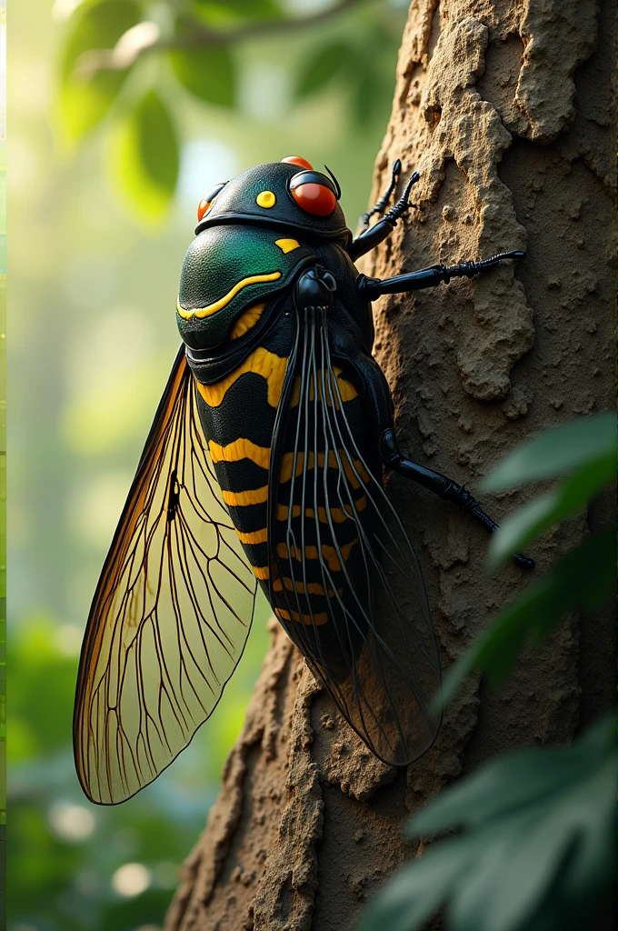 “Generate a detailed and lifelike image of a Cicada, such as the Emperor Cicada, resting on a tree. Showcase its vibrant wing patterns and body details, with a focus on the natural setting.”