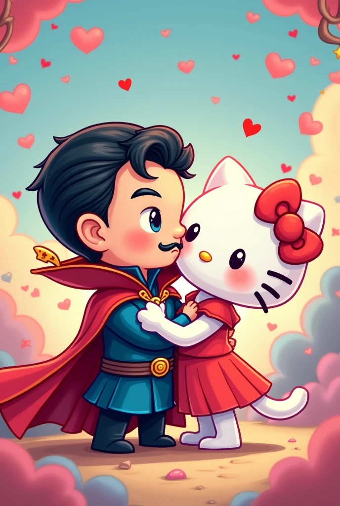 Create a drawing of Dr.. Strange in love with Hello Kitty giving each other a kiss in a Kawai version