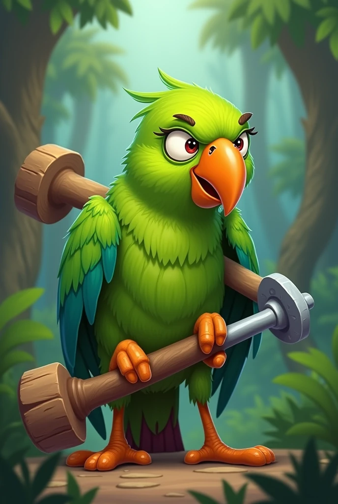 Cartoon of a green parrot with a wooden club with a large nail in one of its wings