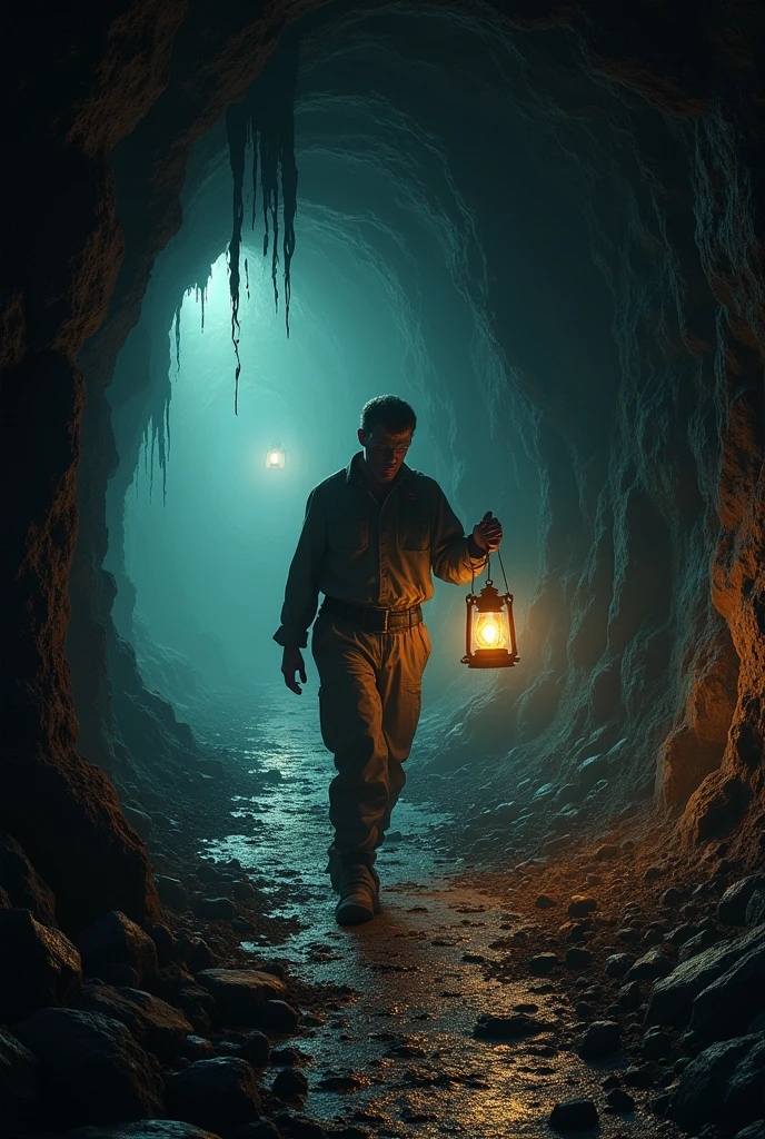 Underground mine with lost miner walking backwards