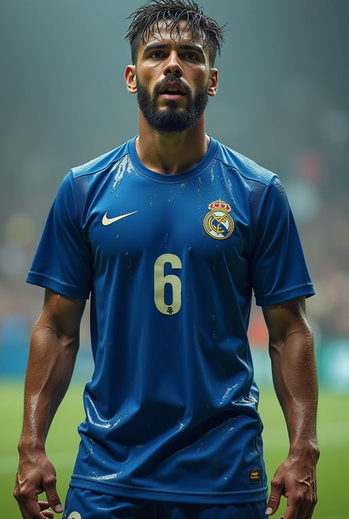 A realistic image of a soccer player wearing a blue uniform with the number 6 stuck to his body due to sweat, he is sweaty and his uniform is soaked with sweat, the uniform is a little transparent