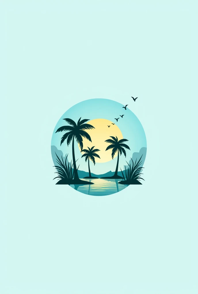 minimalistic logo, in the icon style for social network profile with three buriti palm trees (Mauritia Flexuosa) in the swamp, with the sun showing in the blue sky, with birds flying in the distance in the sky.