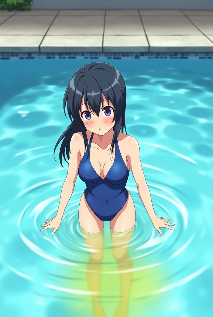 Anime girl, girl in the pool, girl in a blue swimsuit, pissing, pissing herself, pissing bright yellow urine, bright yellow urine gets into the pool, bright yellow urine dissolves in the pool