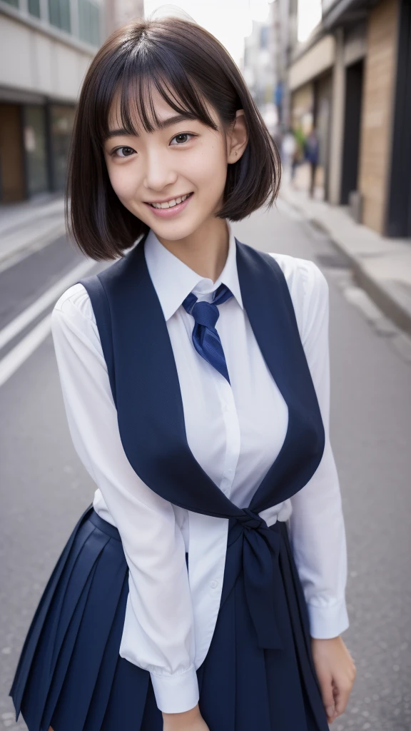 masutepiece, Best Quality, japanaese girl, 8K, top-notch quality, masutepiece, nffsw:1.2, exceptionally detailed RAW color photo, professional-grade photograph, (Realistic, Photorealistic:1.37), (highly detailedskin:1.2), Ultra-high resolution, (lenz 50mm), (masutepiece, top-quality:1.3), (Ultra detailed 8K cg:1.2), (hyper realisitic:1.35), (Photorealistic:1.45), (Realistic:1.4), Cowboy Shot, 1 beautiful Japanese girl, 2, super model, Japanese Idol, __expression__, Large breasts, (The background is the urban area:1.1)、huge areolas、(areolae slip)、puffy areolas、Young adorable Japan face、Portrait of female Japan idol、A Japanese Lady、messy hair style、Popular makeup in Japan、bare breasts、barechested、nude,nsfw、a smile、In the city、A dark-haired、(School uniform:1.4)