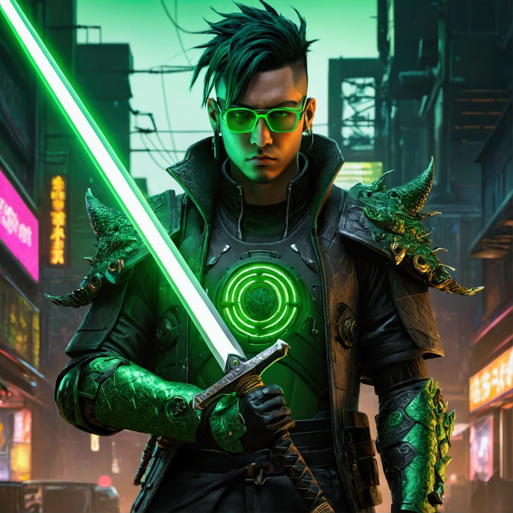 a man with green and black hair, and wearing glasses holding two green glowing swords with a dragon motif, black and green pants full armor, cyberpunk green black armor, super cool green cyberpunk samurai, cyberpunk samurai portrait, cyberpunk wild west, samurai neon, anime badass 8 k, anime cyberpunk 8 k, cyberpunk dark fantasy art, steam and cyberpunk, highly detailed 4k digital art, highly detailed 4k digital art, cyberpunk art style, cyberpunk hero, cyberpunk killer, super hyper realistic, green glasses, dominated by Moss Green color
