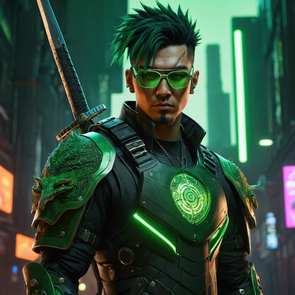 a man with green and black hair, and wearing glasses holding two green glowing swords with a dragon motif, black and green pants full armor, cyberpunk green black armor, super cool green cyberpunk samurai, cyberpunk samurai portrait, cyberpunk wild west, samurai neon, anime badass 8 k, anime cyberpunk 8 k, cyberpunk dark fantasy art, steam and cyberpunk, highly detailed 4k digital art, highly detailed 4k digital art, cyberpunk art style, cyberpunk hero, cyberpunk killer, super hyper realistic, green glasses, dominated by Moss Green color