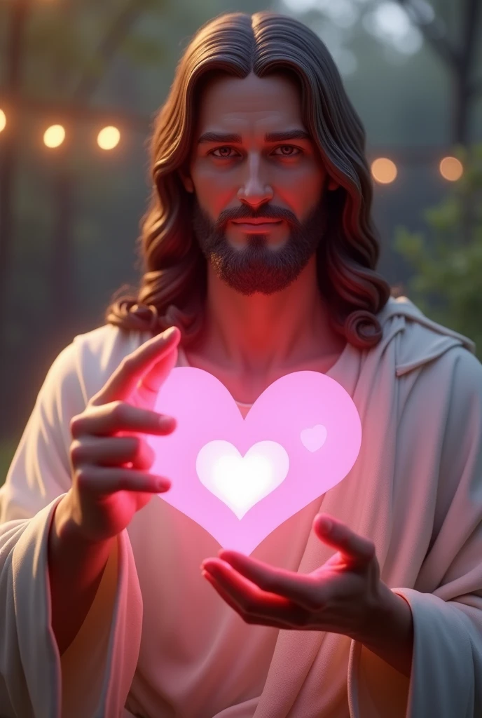 Create a hyper-HD, ultra-hyper-realistic image of Jesus smiling gently. He is pointing with one hand towards a comment text bubble below him, floating against a lighting background. Inside the text bubble are three glowing pink hearts, emitting a soft radiance. The background should have a gentle, ambient lighting effect that enhances the overall warmth and positivity of the scene. Jesus's expression should be peaceful, with the lighting adding a serene and inviting atmosphere."