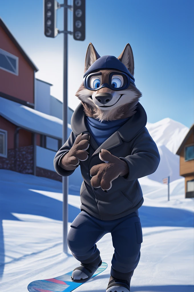 Larry (Zootopia), молодой wolf, gray fur, (brown body:1.3), beautiful blue eyes, Zootopia одетый,sport colombia winter jacket,snowboarder eye mask, Winter hat, warm pants, boots, , dog,wolf, detailed fur, Male, second, paw pads, claws, looks at the viewer, 5 fingers, paws, 4 toes, B is walking down the street,is skiing,ka BREAK from Nextel, for dating, by xenoforge, (difficult, high detail,digital photography, soft focus,close to the camera, smile, positive, Good, mood, Houses, looks at the viewer, очень close to the camera,On the street is going,snowboarding, 
photorealism, realistic, photorealistic,digital style, subsurface scattering,очень close to the camera
шедевр, Best quality, ultra realistic, 8 thousand.)