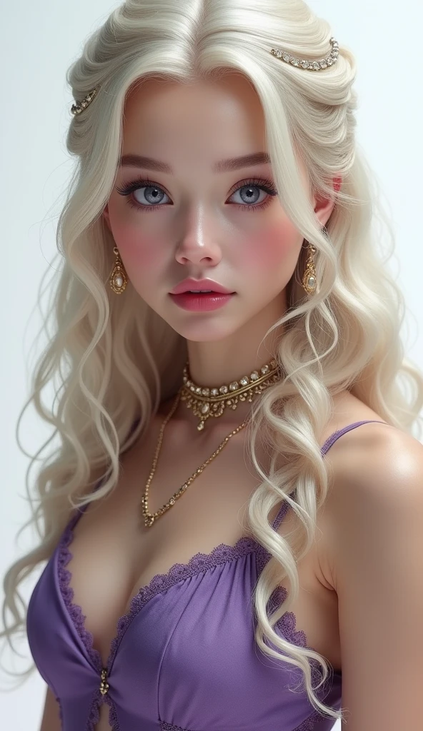 1 girl, full body shot (1.3),close up face shot (1.3), face shot, corridor,Soft Light, Targaryen Beauty,dress,Light-haired,long hair,
white background, gorgeous Targaryen girl, with thick and long wavy the palest of golden glossy hair, big and large wide deep plum purple bright eyes, long and thick curly golden eyelashes, upturned nose, high nose bridge, fullest and plumpest with a pout at the top rosy red luscious lips, oval face shape, shorter face, shorter chin, tiny face size, pale milky white traslucent perfect skin, whitening skin, hourglass shaped body, tiny and narrow waist, rounded hips, long and slender beautiful legs, big perfect brests (1.4), large breasts, bust size 84 cm, waist 60 cm, hips 86 cm, bra size 32 C, tall at 5’7, full body image, realistic, photorealistic, ultradetailed, skin texture, hyperealismHigh Resolution, Closed Mouth, highly detailed, high resolution 8K, wearing a Targaryen purple dress dress highliting her horglass body, detailed jewlry, 18-years-old