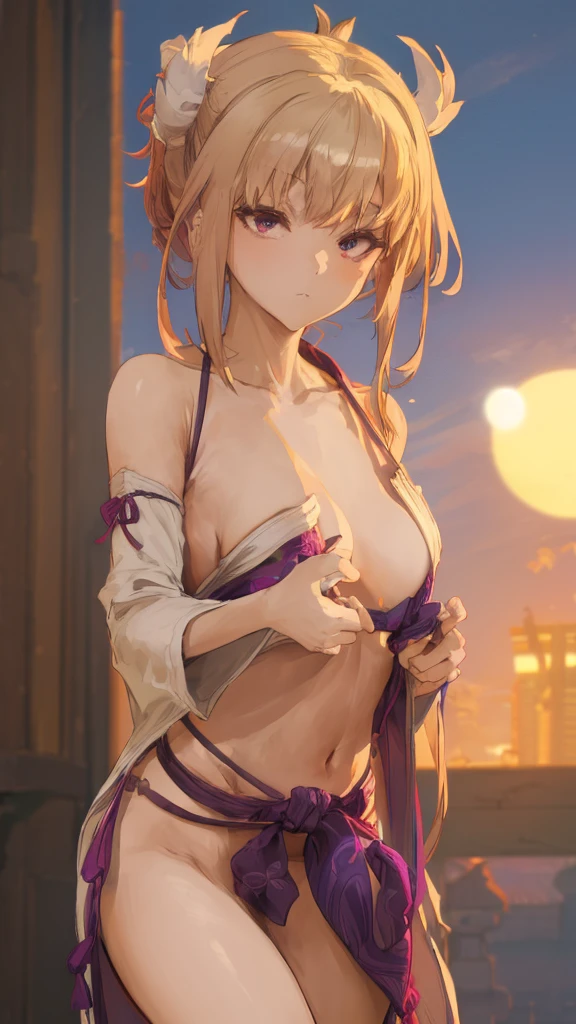 (( Yukata with slits )), 1 girl, (Character: full body), Outdoor, Moonlit night, ( Emphasis on body lines ), ( Emphasize the chest ), Body/, (Perfect hands), (Perfect anatomy), (Perfect body structure), ((2 arms), ((2 legs)). Quality/, Masterpiece, Best quality, High resolution, Ultra high resolution, Perfect pixels, 4k, Super detailed. Saturation/, Studio lighting, Sharp focus, Bright colors, Portrait, Warm colors, Soft lighting.