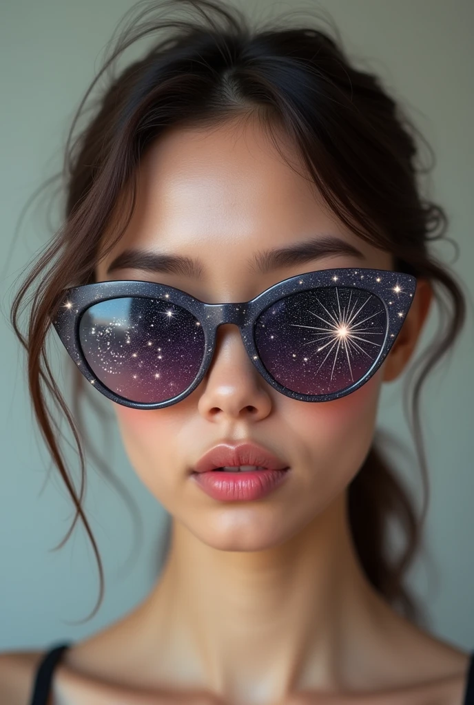 The model is wearing glass sunglasses with stars and the moon on the glass