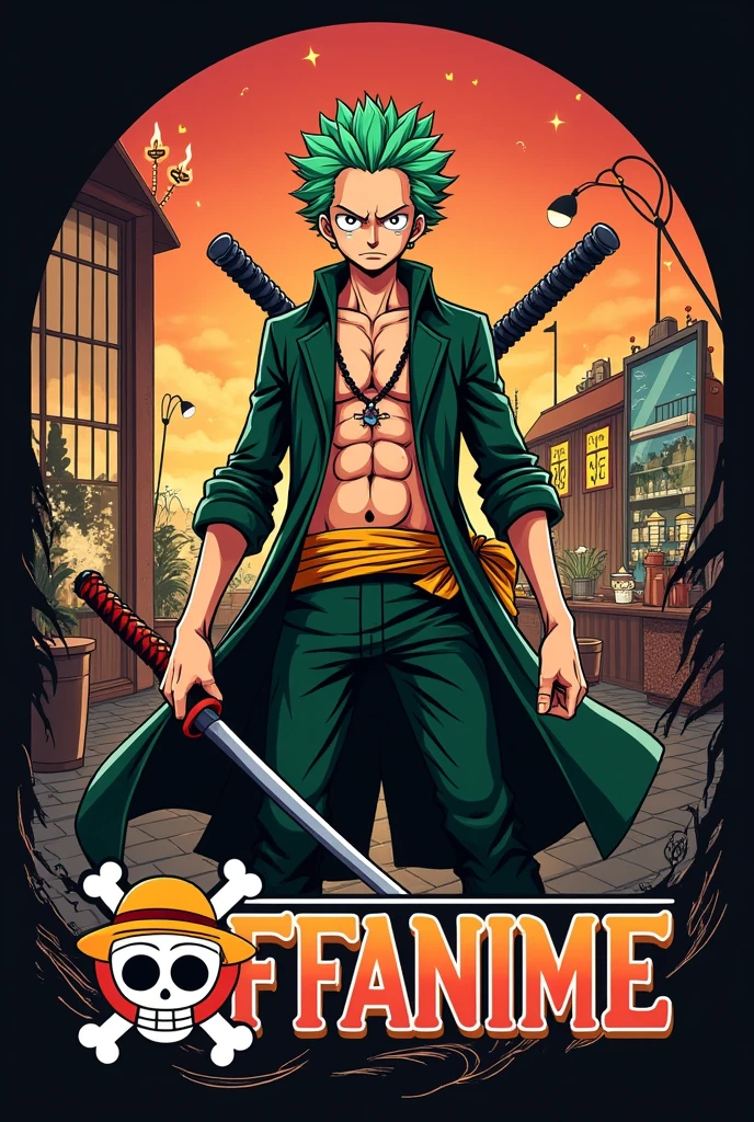 I want a logo for an anime themed cafe, The cafeteria is called "COFFANIME" and I want Roronoa Zoro to appear as the image of my cafe