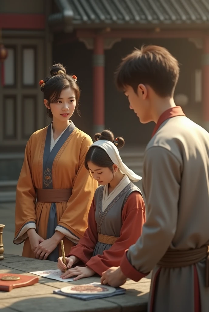 Personality details, realistic image, real people, ancient Chinese era, Han Fu Dynasty era, a young woman wearing a valuable orange and blue silk dress walking with a maid wearing a gray brocade dress, wearing a white robe over a servant's robe, standing in front of the inspection station to enter the city, found a young man sitting in a red dress, wearing a gray robe over a table, stamping an imprint, the atmosphere shows the past of the old city, filled with dust.