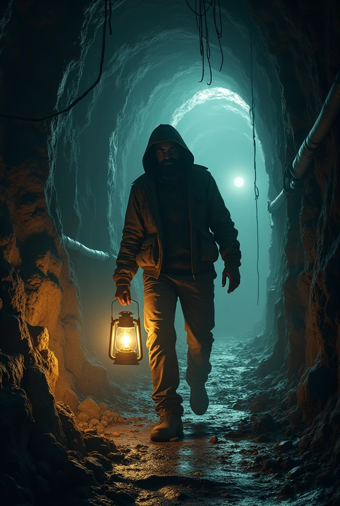 Underground mine with lost miner walking backwards