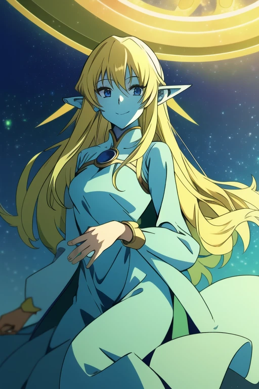 mysticalygo, mystical elf, smile, green dress, long sleeves dress., loose sleeves, long skirt, blue skin, blonde hair, long hair, room, Yugioh, 1girl, Solo,