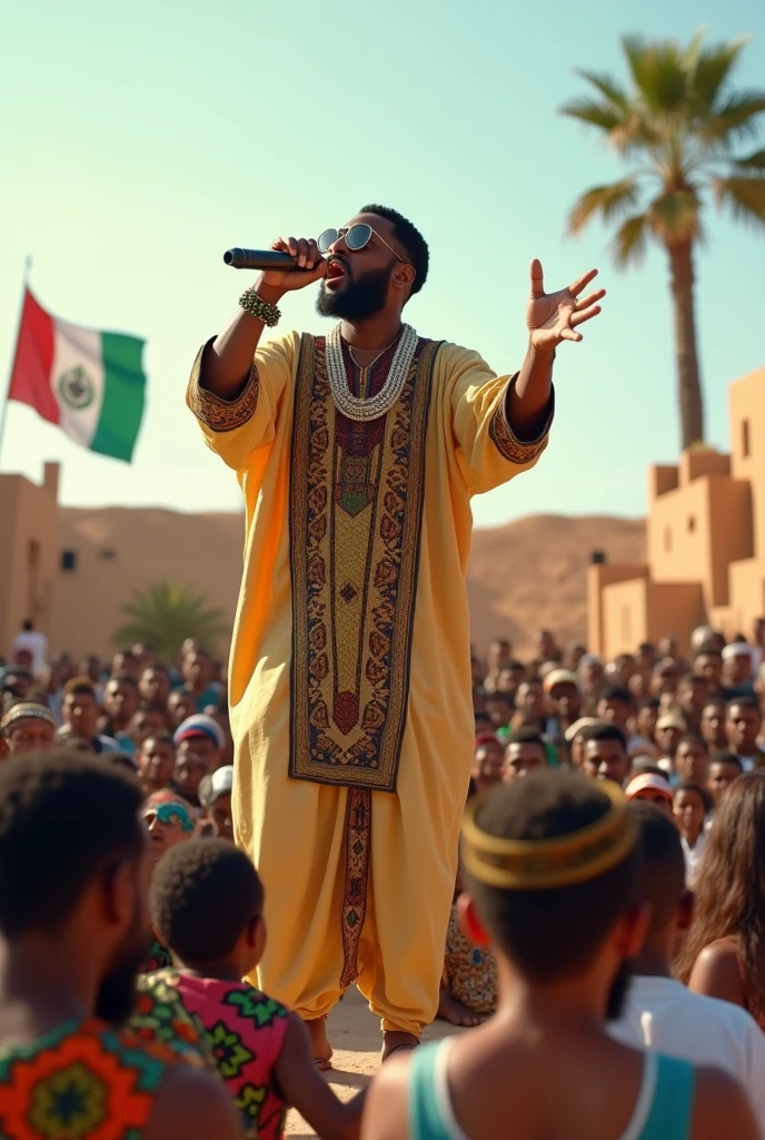 In background mauritanie 🇲🇷 
Front ground , a mauritaniene men do music rap
With same withe people fans behind hem 