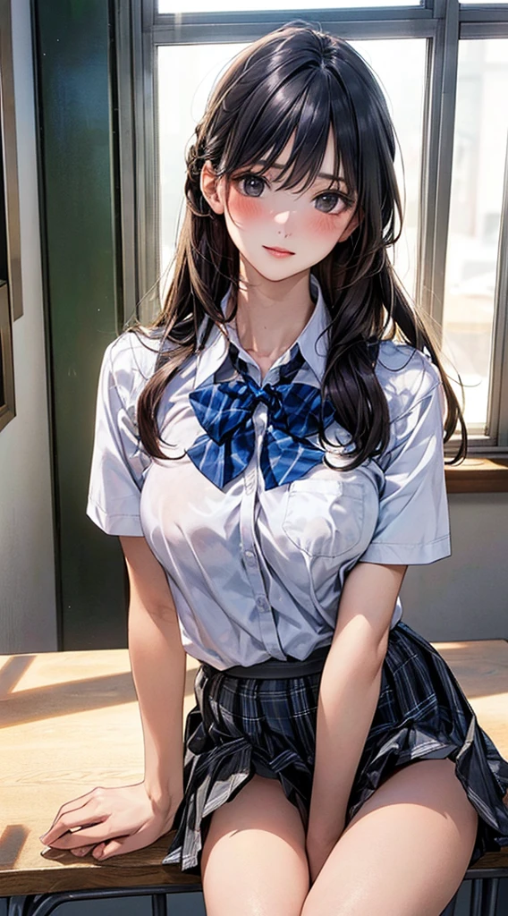 (masterpiece:1.2, Highest quality), (Realistic, photoRealistic:1.4), Beautiful illustrations,
View your viewers, whole body, Front view:0.6,
1 person, Japanese, high School girl, (Long Hair:1.5), Hair fluttering, (Half Up, Half Updo), bangs, Hair between the eyes, Large Breasts:0.8,
Beautiful Hair, Beautiful Face, Beautiful attention to detail, Beautiful clavicle, Beautiful body, Beautiful breasts, Beautiful thighs, Beautiful feet, Beautiful fingers,
(Beautiful views), , School,
((Collared short-sleeved shirt, White shirt, School uniform, Grey plaid pleated skirt, Blue checked bow tie)), White panties,
(Are standing, , Lift up your skirt, Grab the hem of your skirt, Place your hand on your chest, Place your hands between your legs),
blush, Transparent nipples,