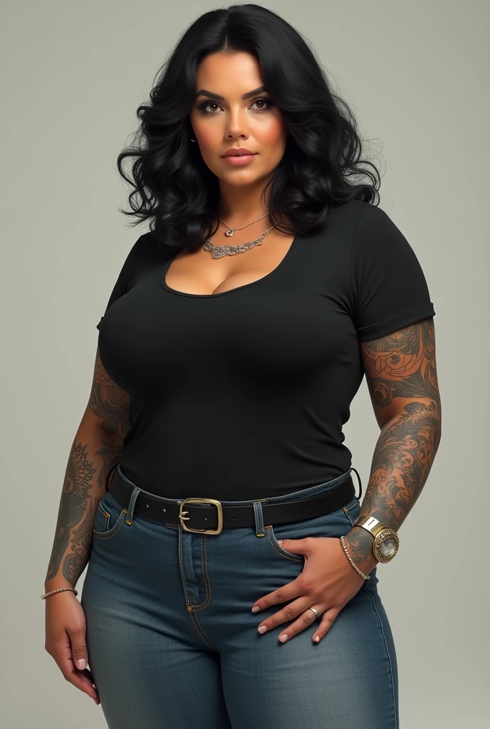drawing woman fat body, medium black hair very wavy, tattoos on arms, brown dark eyes, jeans, sneakers and black blouse
