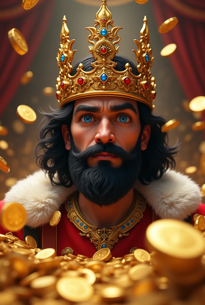 A KING WITH BLUE EYES, BLACK HAIR, A BIG CROWN AND LOTS OF MONEY, GOLD DOLLARS