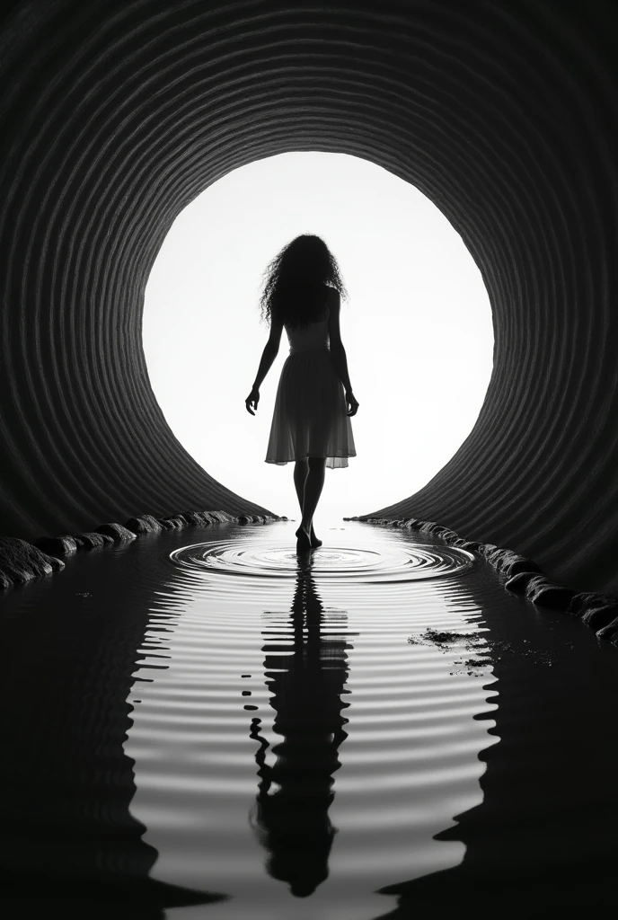 Music layer: LP record with a girl with her back turned inside the LP as if it were a mirror with her back walking towards the beyond, black, curly hair and black and white image