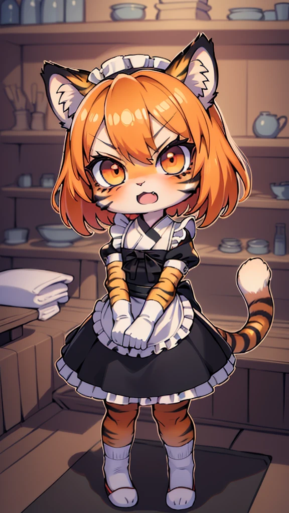 (masterpiece, High quality, Best quality, 8k, High resolution), ((chibii style, chibi cute)), ((solo, 1 kid girl)), {tiger girl, tiger face, 1 fang, long eyelashes, eyeliner} {tiger whiskers}, (((Tiger skin all over the body, Tiger stripes on the body))), (short hair, orange hair), ((Murderous look, very angry,)), ((open mouth)), orange eyes, ((from below)), (flat chest), thin arms, ((black traditional japanese long maid outfit)), {{maid hat}}, {{maid gloves, long white pantyhose, sneakers}}, {{{mini tiger Tail, Tail on the back}}}, ((full body, standing, crossed legs)), home background, (blue sky, day, blur background, clouds), ((((Tora-chan no Hanayome style)))), (old anime 40s style), anime style.