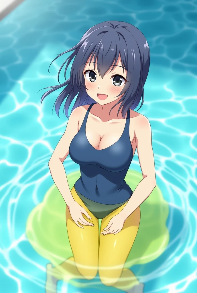 Anime girl, girl in the pool, girl in a blue swimsuit, pissing, pissing herself, pissing bright yellow urine, bright yellow urine gets into the pool, bright yellow urine dissolves in the pool