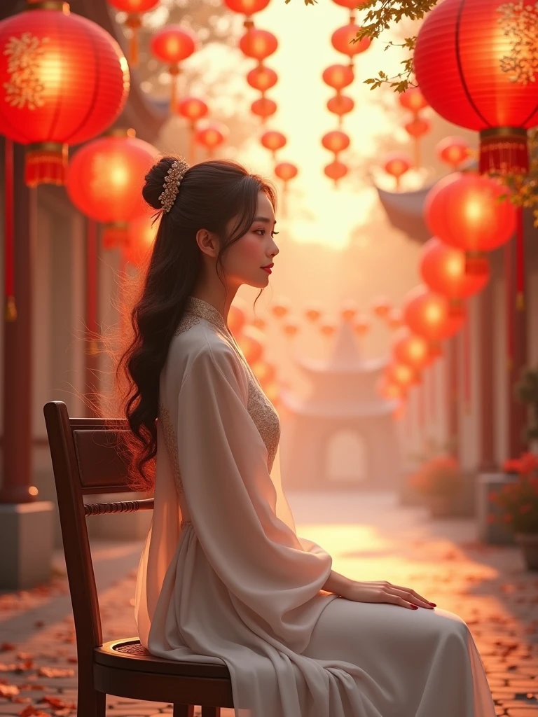 True. wears a white dress with the concept of Mid-Autumn Festival. A beautiful and young Asian girl Sitting on a chair. Mid-Autumn Festival lots of red lanterns , Vietnam scene